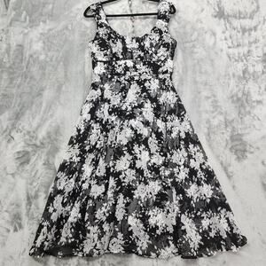 Vintage Connected Apparel Dress Womens 10 Black White Floral‎ Chiffon Midi Zip